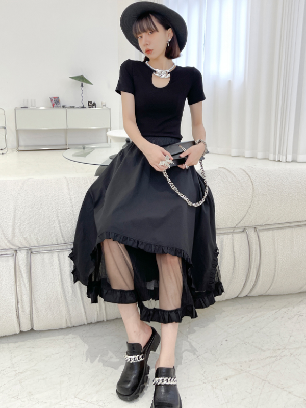 Stylish Black Split-Joint Gauze High Waisted A-Line Skirts