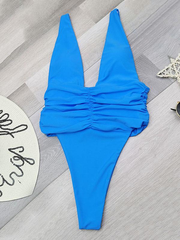 Deep V-Neck Solid Color One-Piece Swimwear