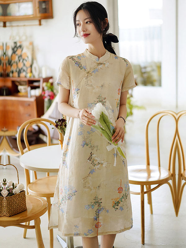 Vintage Ramie Cotton Floral Printed Stand Collar Split-Side Short Sleeves Dress Long Cheongsam