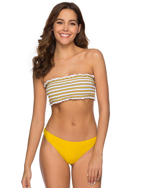 Strapless Draped Striped Top With Solid Panty Bikini Set