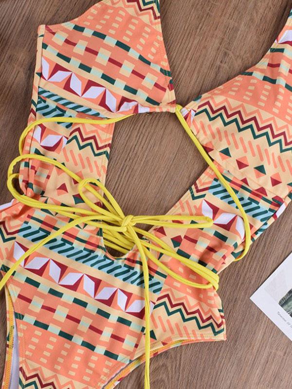 Sexy Deep V-Neck  Mosaic Printing Hollow Bandage Swimwear