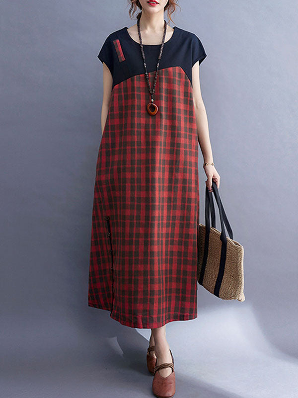 Vintage Plaid Split-Joint Round-Neck Midi Dress