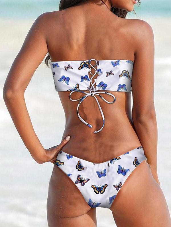 Floral-Print Bandeau Bandage Split Bikini Swimsuit