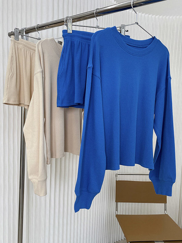 Casual Solid Color Sweatshirts& Drawstring Wide Leg Shorts Suits