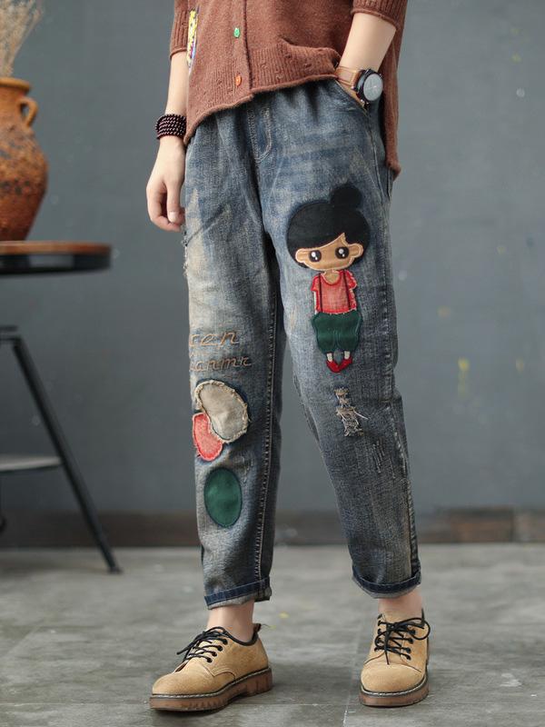 Vintage Embroidered Applique Elastic Waist Jean Pants