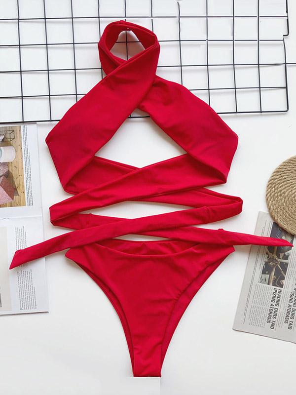 Sexy Bandage Backless Split Bikini Swimsuit