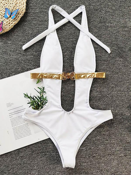 Sexy Deep V-Neck Sash Split Type Bikini Swimsuit