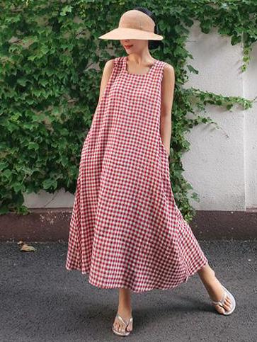 Sleeveless Plaid Loose Plus Size Midi Dresses