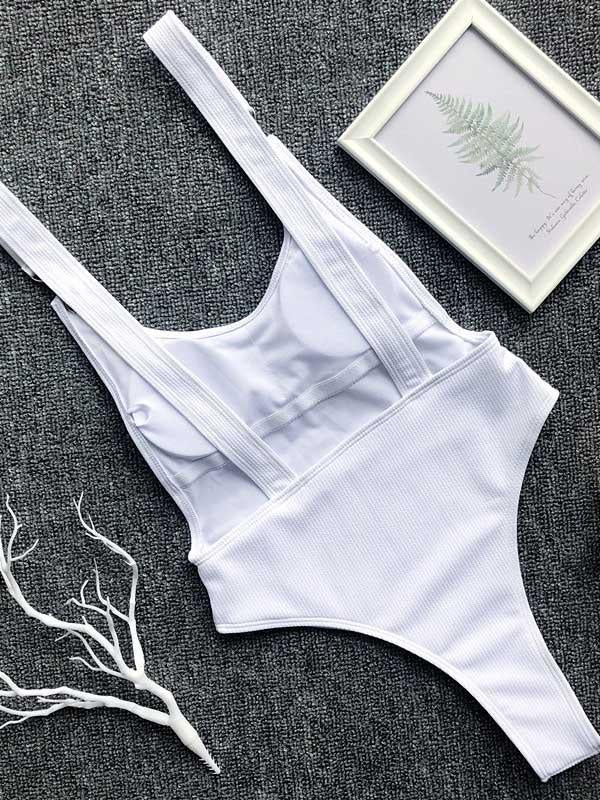 Ribbed Plain Wide Strap One-Piece Swimsuit