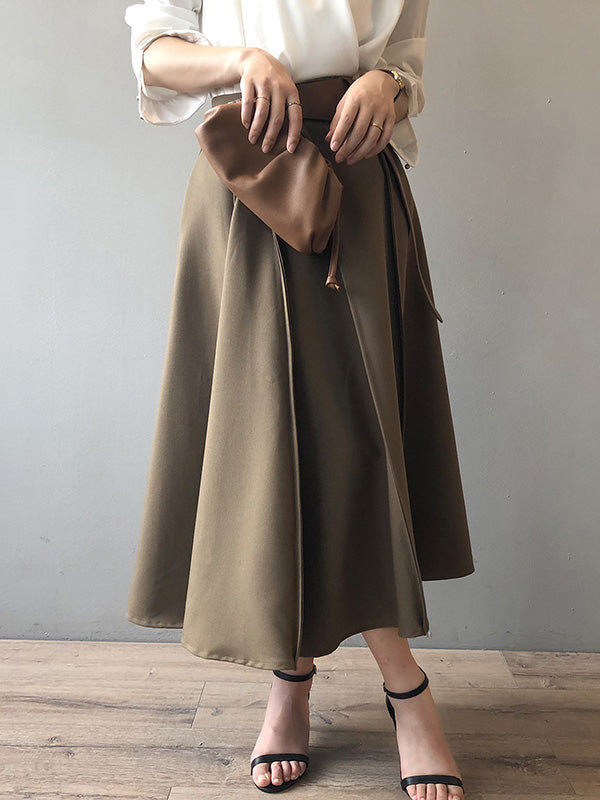 Simple Loose Solid Color Pleated A-Line High-Waist Long Skirt