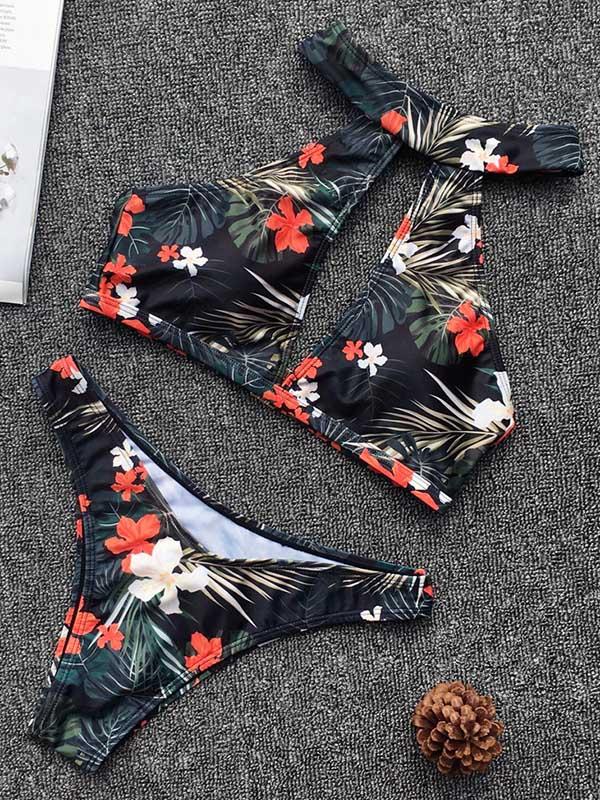 Halter Hollow Floral Bikini Swimsuit