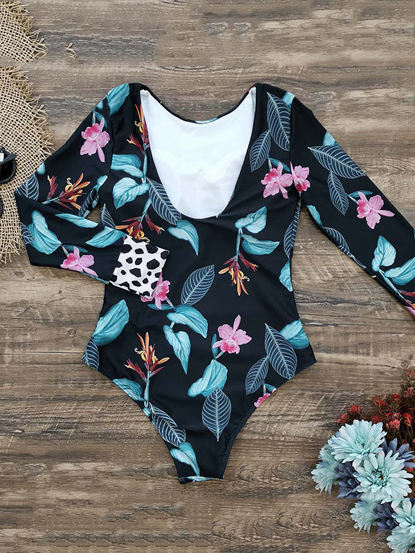 Flower&Leaves Print Long Sleeves One-Piece Wetsuit