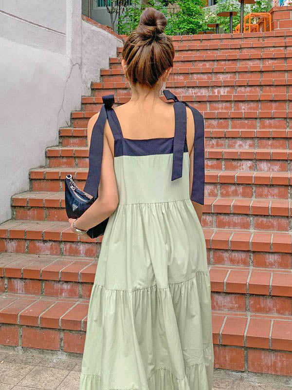 Girlish Bow-Embellished Pleated Split-Joint Maxi Dress