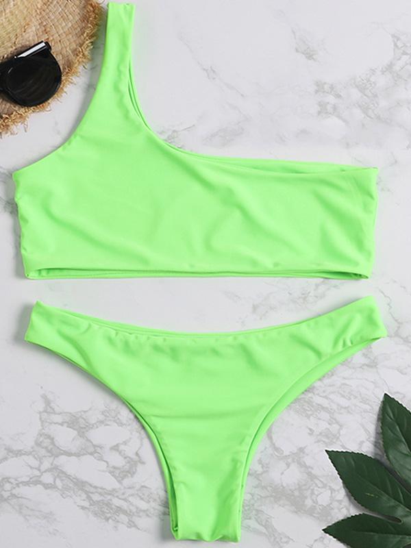 Fluorescent Green One Shoulder Bikini Set