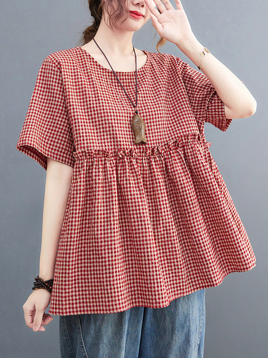 Artistic Retro Loose Plaid Ramie Cotton Falbala T-Shirt Top