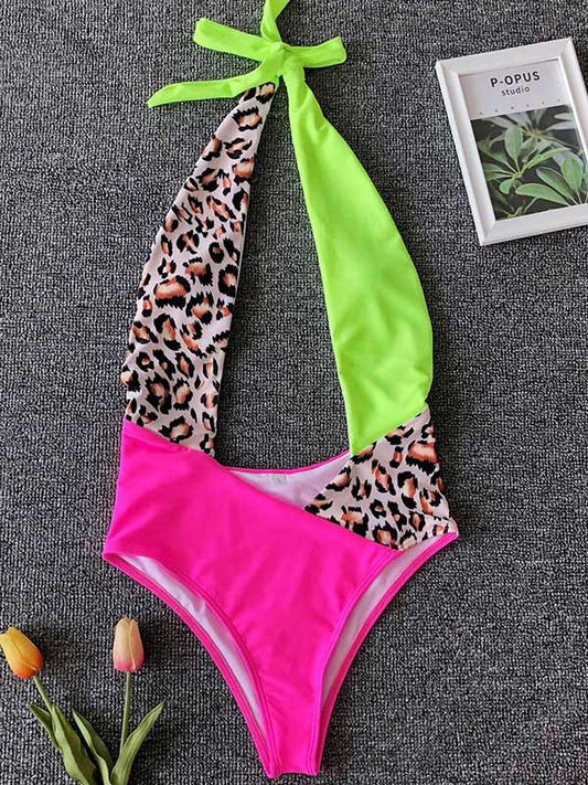 Leopard Print Split-Joint Hanging Neck One-Piece Swimwear