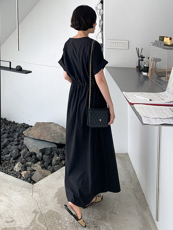 Casual Solid Color Drawstring Pleated Round-Neck Half Sleeves High-Waist Midi Dress