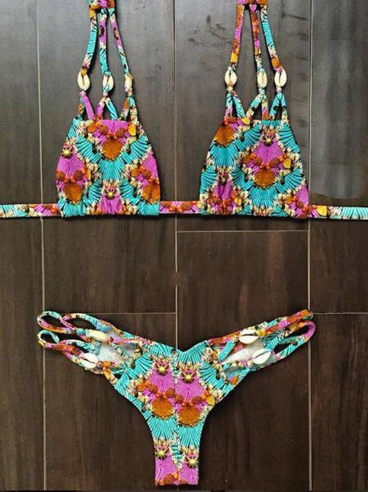 Sexy Triangles Bandage  Seashells Printing Split Type Bikini Swimsuit