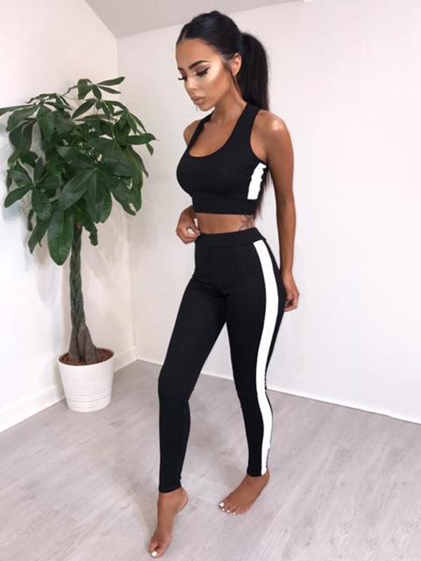 Sleeveless Contrast Trim Tanks And Leggings Suits