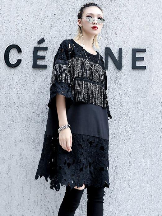 Lace&Tassel Split-joint Long T-shirt