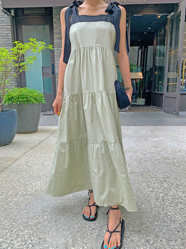 Girlish Bow-Embellished Pleated Split-Joint Maxi Dress