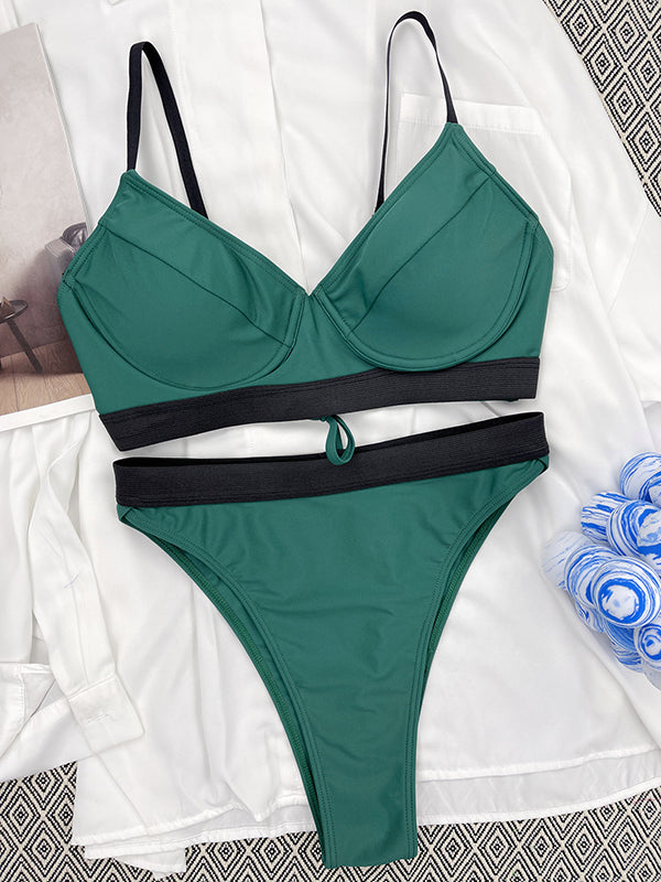 Army Green Contrast Color Split-Joint Bikini Swimwear