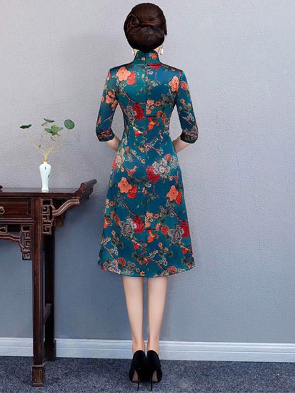 Autumn Flower Print Split-front Stand-collar Long Cheongsam