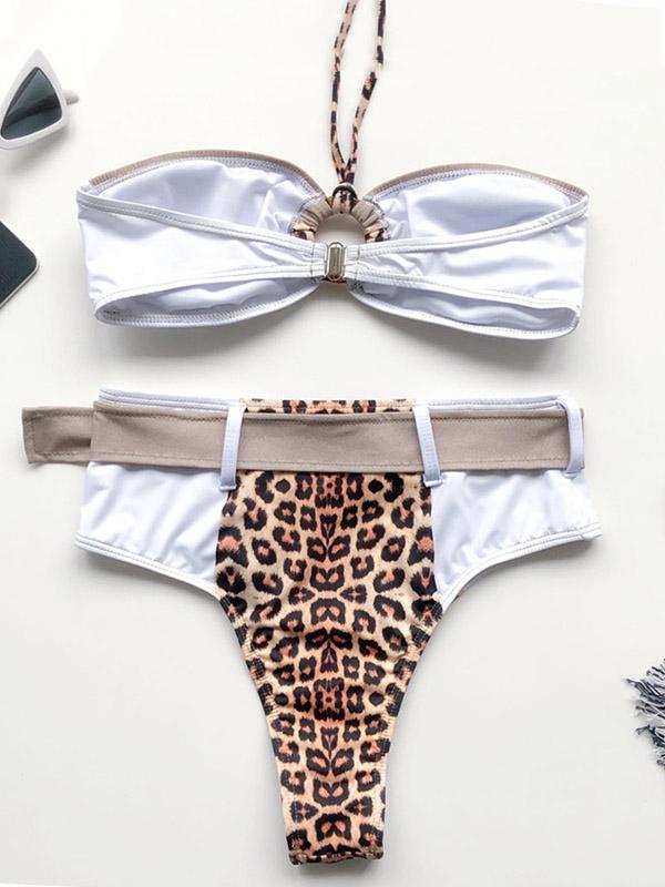 Leopard Print Split-Joint Belted Split Bikini Swimsuit