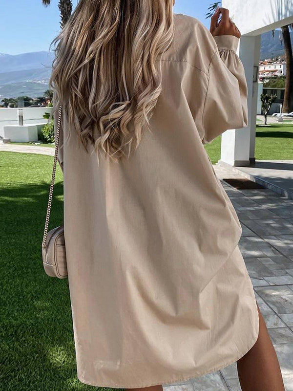 Casual Long Sleeves High-Low Solid Color Lapel Mini Dresses Blouses Shirt Dress