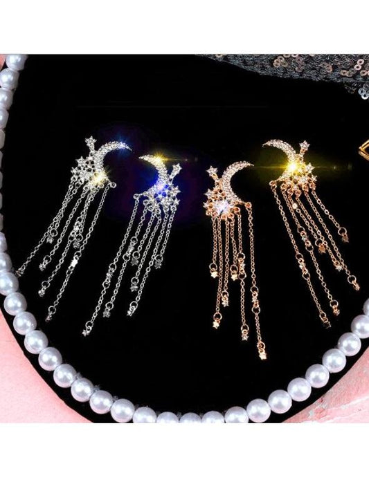 S925 Silver Needle Star Moon Long Earrings