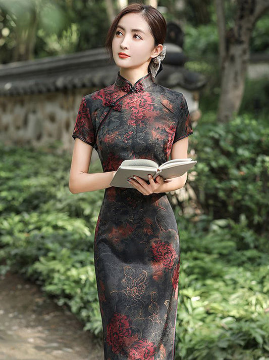 Vintage Stand Collar Split-Side Silk Printed Short Sleeves Cheongsams