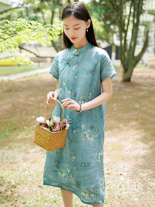 Vintage Ramie Cotton Floral Printed Stand Collar Split-Side Short Sleeves Dress Long Cheongsam