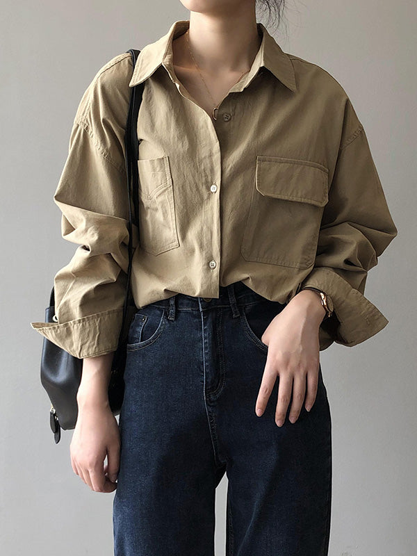 Causal Simple Solid Color Split-Joint With Pocket Buttoned Lapel Collar Long Sleeves Blouse