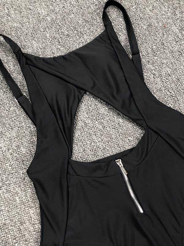 Sexy Spaghetti-Neck Hollow Backless Zip One-Piece Swimwear