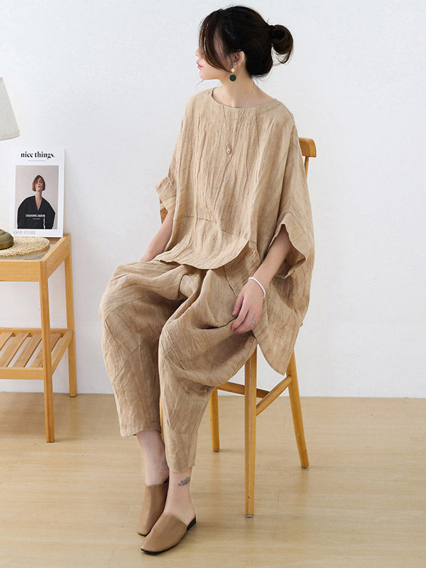 Vintage Linen Loose Split-Joint Round-Neck Batwing Sleeves T-Shirt+Elasticity Wide Leg Pants 2 Pieces Set