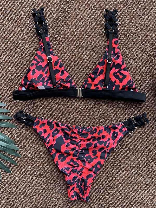 Leopard Print Embellished Split Bikini Swimsuit