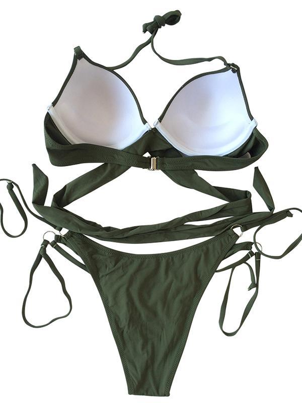 Halter-neck Bandage Plain Bikinis Swimwear