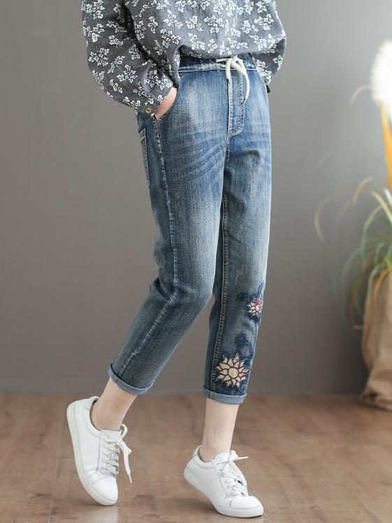 Embroidered Strap Elastic National Jeans Bottom