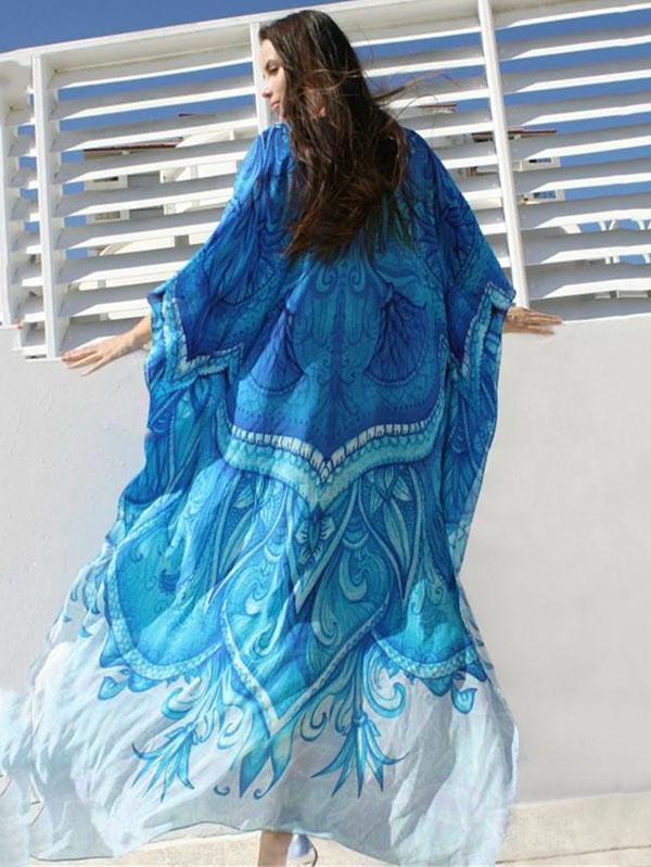 Blue-white Super Loose Printed Beach Cover-ups