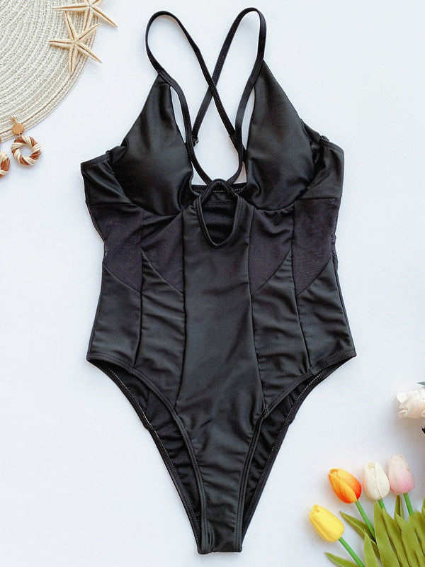 Solid Sexy Mesh Hollow V-Neck One-Piece Swimsuit