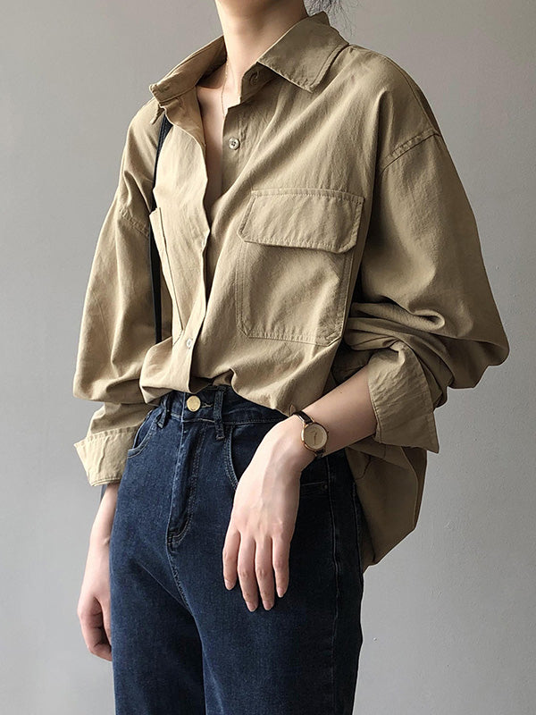 Causal Simple Solid Color Split-Joint With Pocket Buttoned Lapel Collar Long Sleeves Blouse