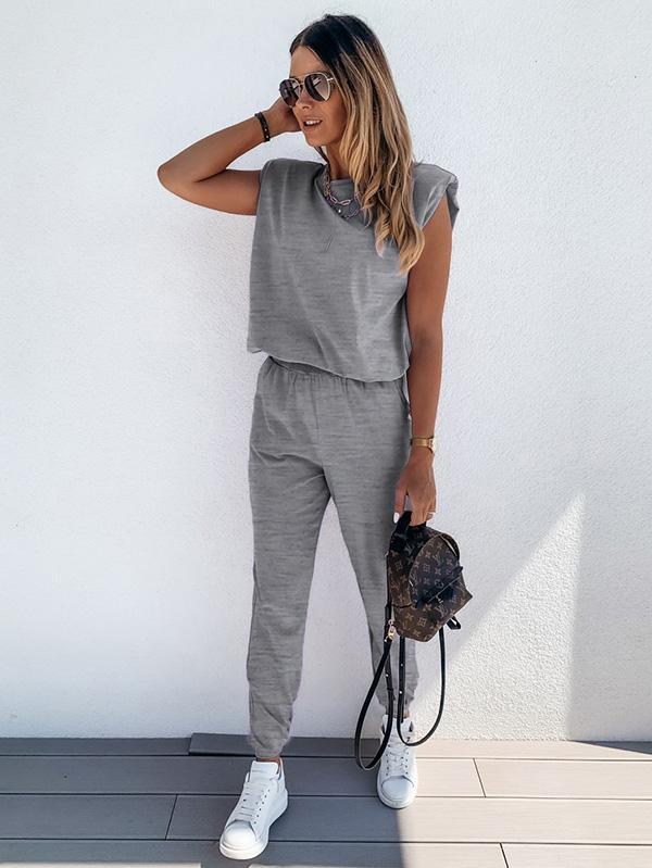 Casual Solid Color Shoulder Pad Tees&Pants Suits