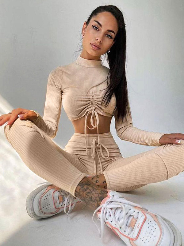 Solid Color Long Sleeves Drawstring Tee&Legging Stylish Suits - kailaple