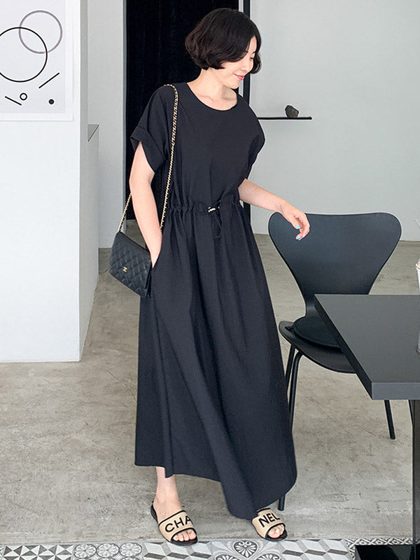 Casual Solid Color Drawstring Pleated Round-Neck Half Sleeves High-Waist Midi Dress