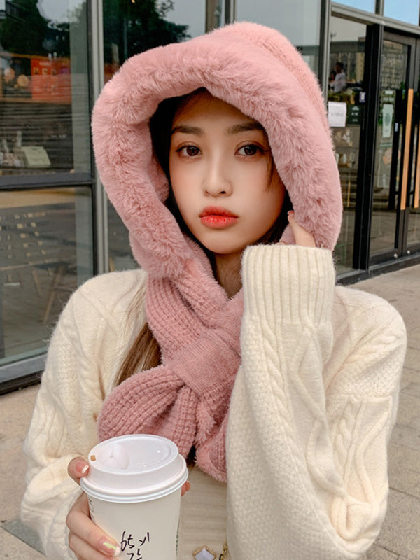 Casual Warm Solid Color With Scarf Knitted Hat