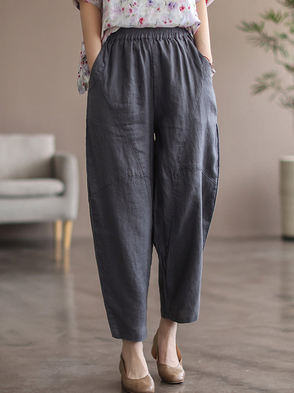 Simple Linen Solid Color Split-Joint Harem Pants