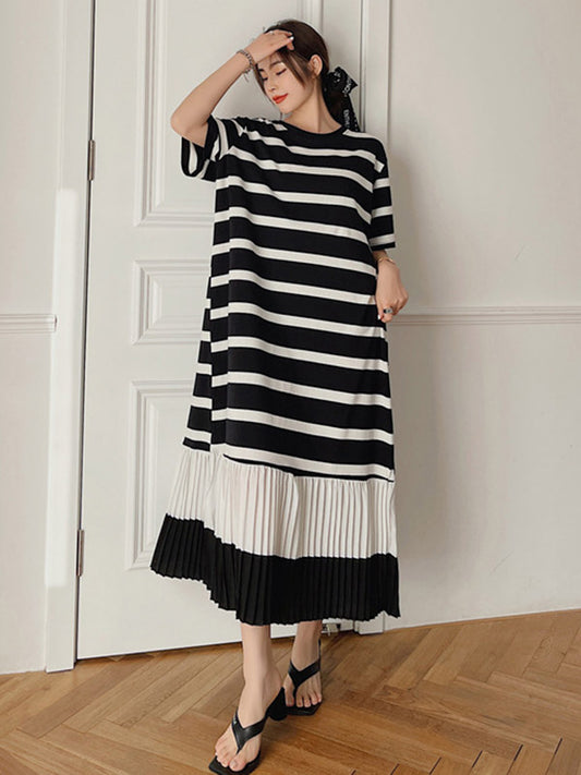 Original Split-Joint Pleats&Stripe Round-Neck Short Sleeve Midi Dress