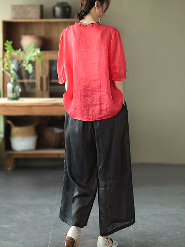 Simple Casual Vintage Ramie Cotton Wide Legs Pants