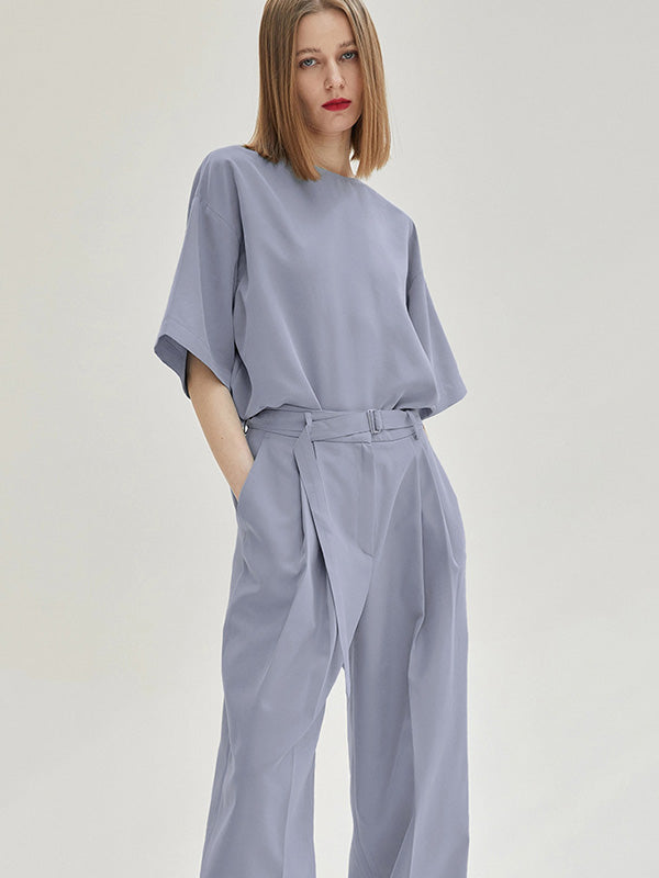 Casual Solid Color Zipper Buttoned Round-Neck Half Sleeves T-Shirt+Tied Wide Leg Pants 2 Pieces Set