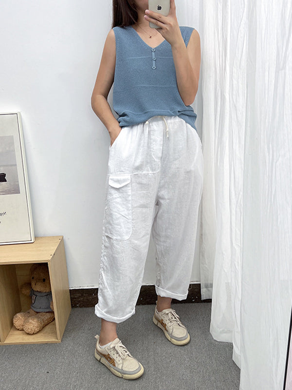 Simple Casual Loose Ramie Cotton Solid Color Drawstring Harem Pants